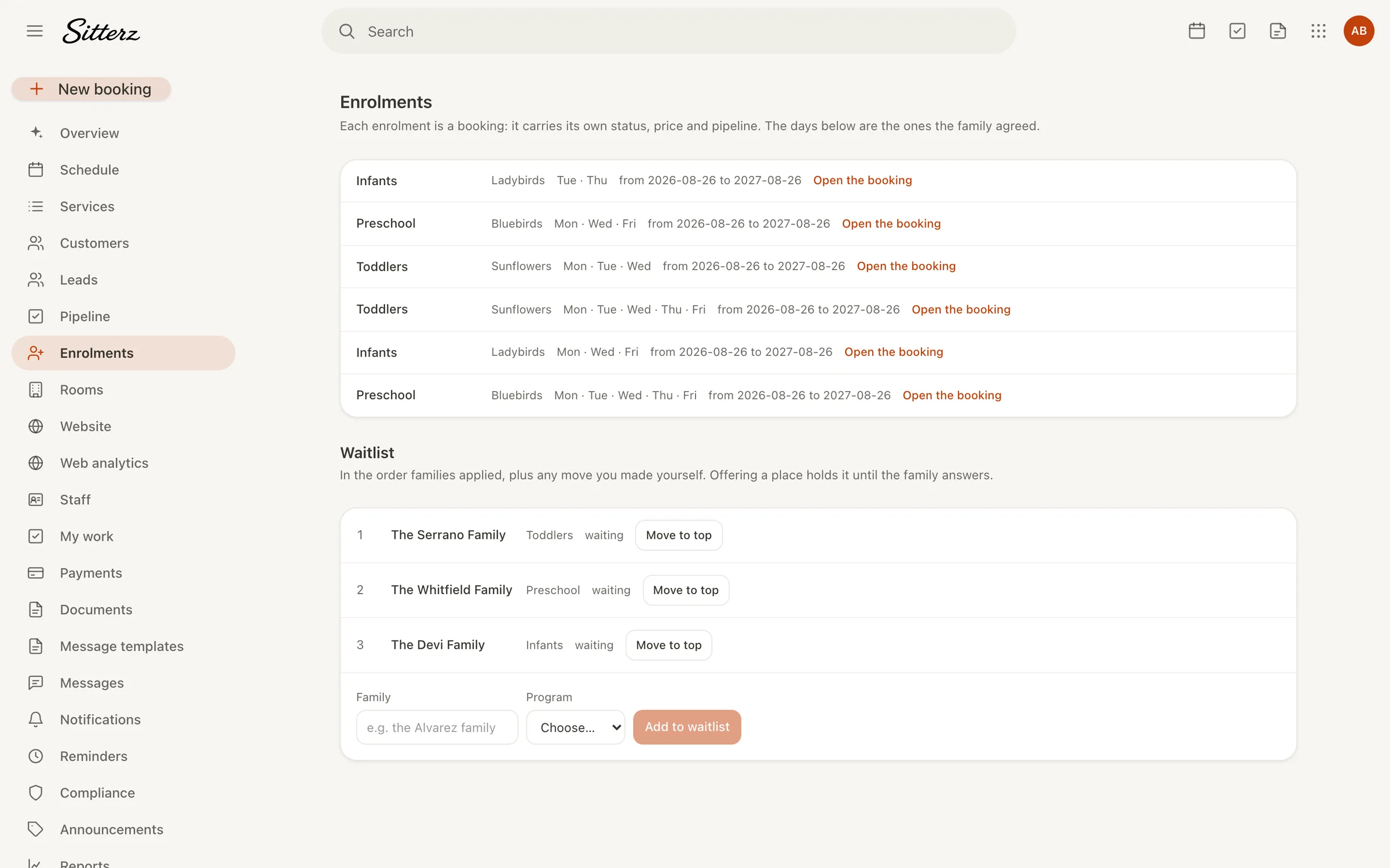 Enrollments and the waitlist for a daycare centre in Sitterz
