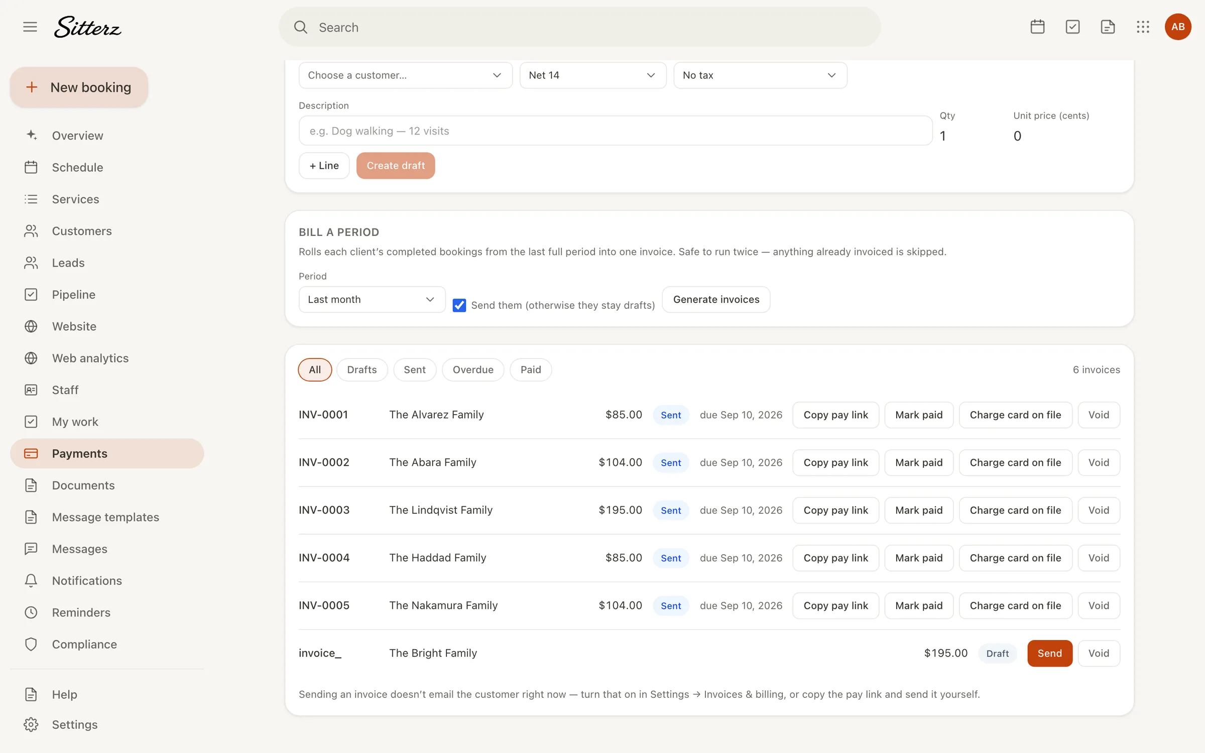 Invoices and their payment status in Sitterz payments
