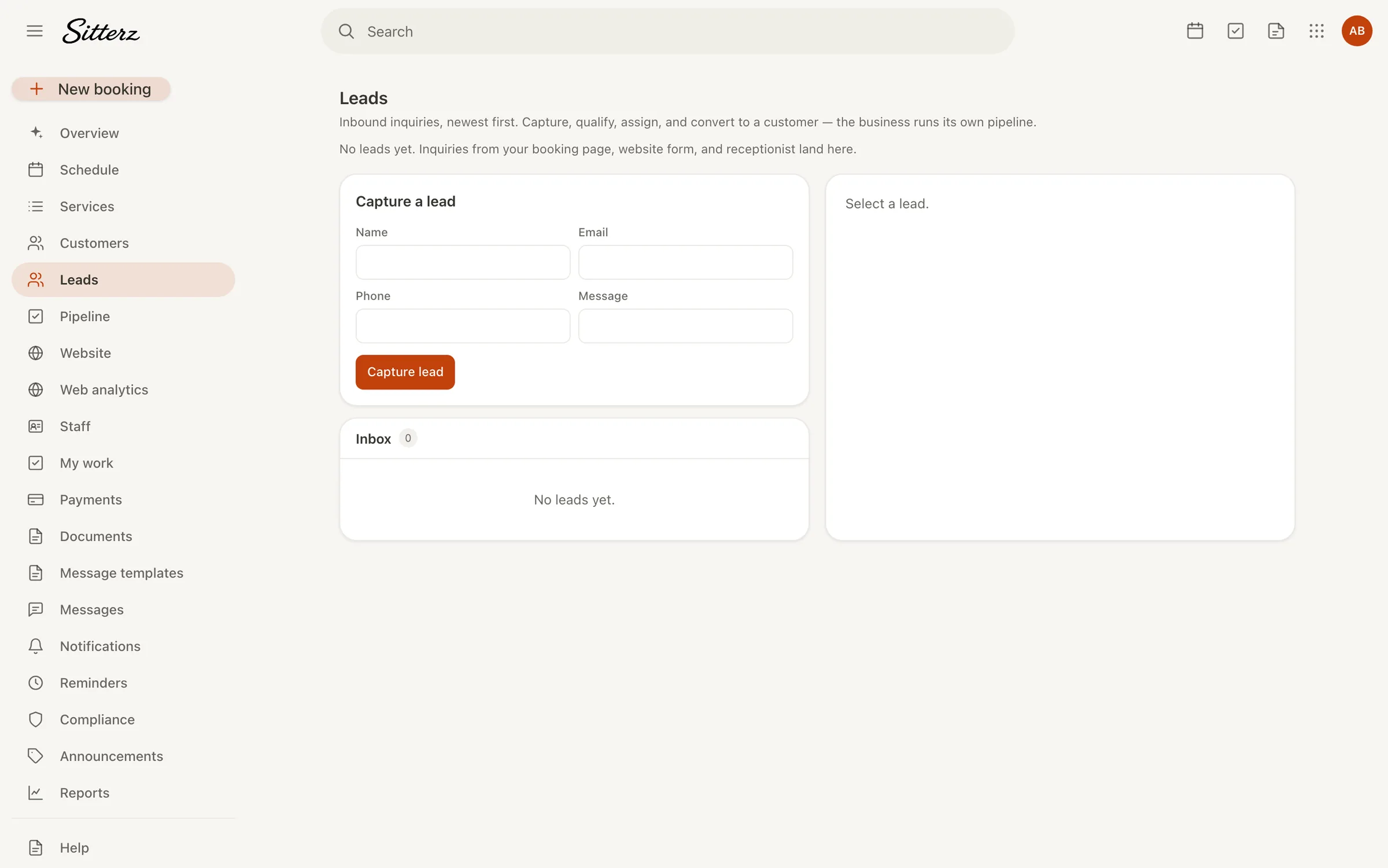 New enquiries in the Sitterz lead inbox